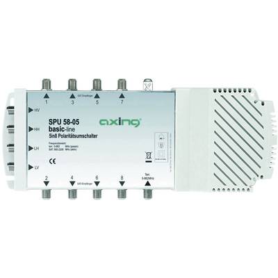 'SPU 58-05 basic-line 5in8 Polaritätsschalter' von Axing, zeigt Aufbau mit Frequenzbereich und mehreren Koaxialanschlüssen für Satelliten.