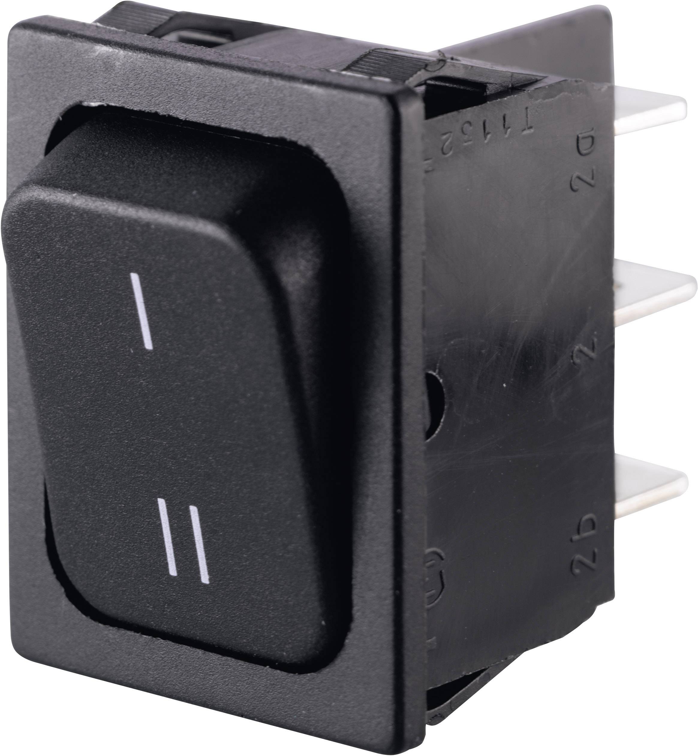 Schwarzer Kippschalter mit zwei Positionen und weißen Markierungen für 'Ein' und 'Aus'. Geeignet für elektronische Geräte.