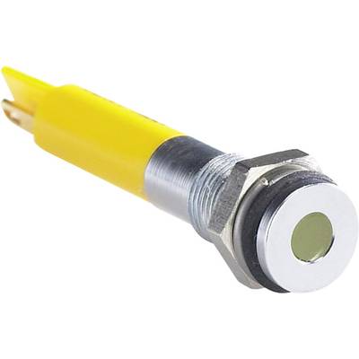 Ein gelber LED-Anzeigenleuchte mit Metallgehäuse und schwarzer Unterlegscheibe, geeignet zum Einbau in elektronische Geräte.