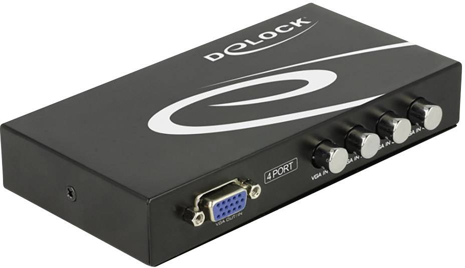Schwarzer 4-Port-VGA-Switch von Delock, Vorderansicht mit vier silbernen Reglern, ein VGA-Ein-/Ausgang, Markenname oben.