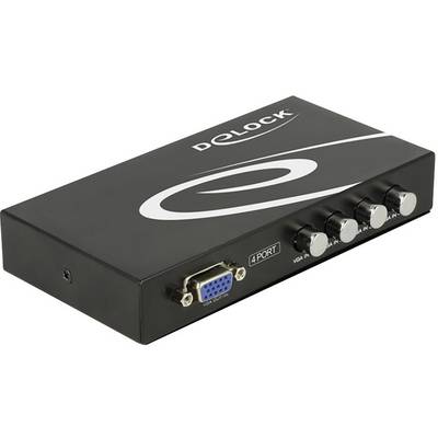 Schwarzer 4-Port-VGA-Switch von Delock, Vorderansicht mit vier silbernen Reglern, ein VGA-Ein-/Ausgang, Markenname oben.