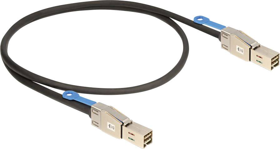 'Ein SAS-Kabel mit zwei Steckern und blauen Clips an den Enden, verwendet zur Datenübertragung in Computerspeichernetzwerken.'