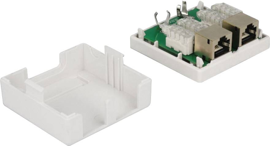 Eine geöffnete Netzwerkmuffe mit zwei Ethernet-Anschlüssen und Drähten, die auf einer grünen Leiterplatte gelötet sind.