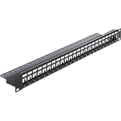Patchpanel mit 24 Ports, nummeriert von 1 bis 24. Es dient zur Organisation und Verbindung von Netzwerk- und Telekommunikationskabeln.