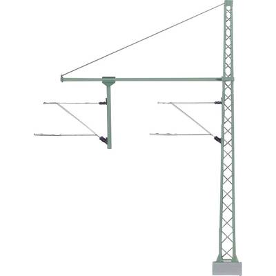 Ein einzelner grüner Strommast für Oberleitungen, verwendet in Bahnanlagen, vor einem neutralen Hintergrund.