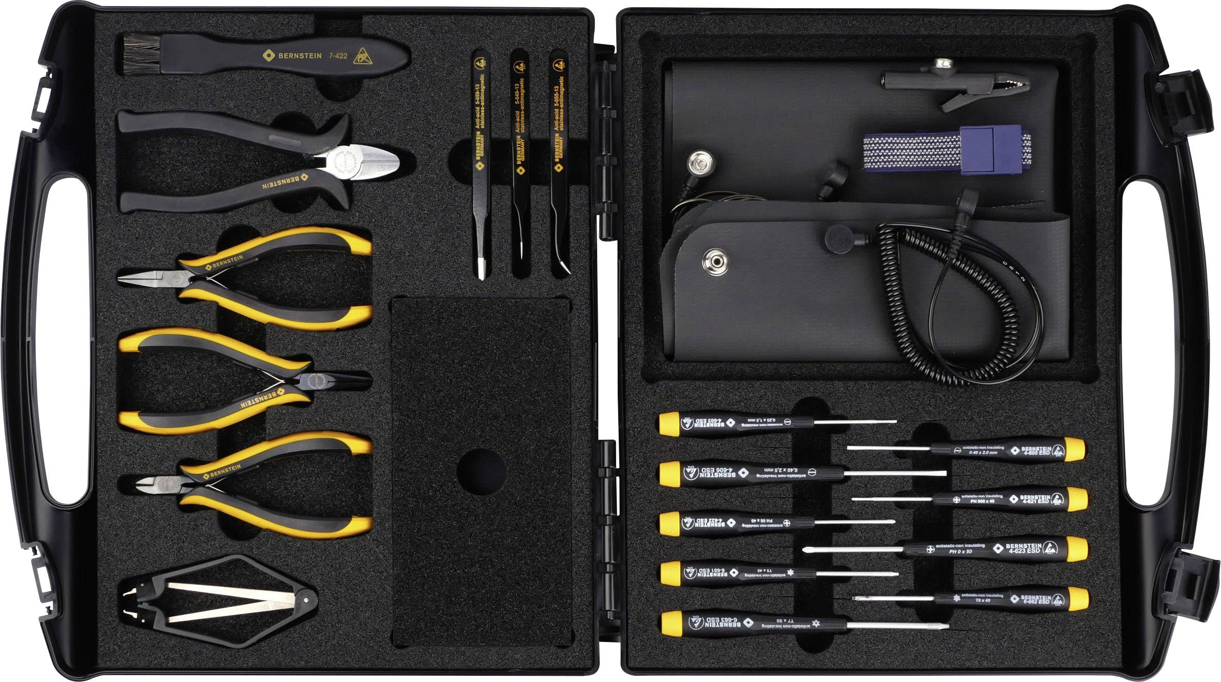 'Ein geöffneter Werkzeugkoffer mit verschiedenen Zangen, Schraubendrehern und Pinzetten, alle in einer gepolsterten Einlage organisiert.'