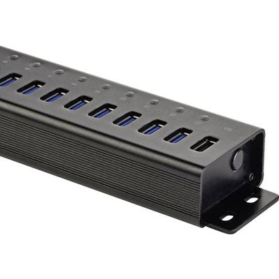 Ein schwarzer USB-Hub mit 13 USB-Anschlüssen, nummeriert von 1 bis 13, auf einer Metallbasis.