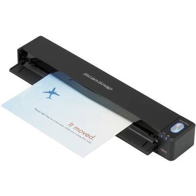 Ein portabler Scanner scannt ein Dokument mit einem Bild eines Flugzeugs. Auf dem Dokument steht: 'I've moved! Please feel free to come along with me'.