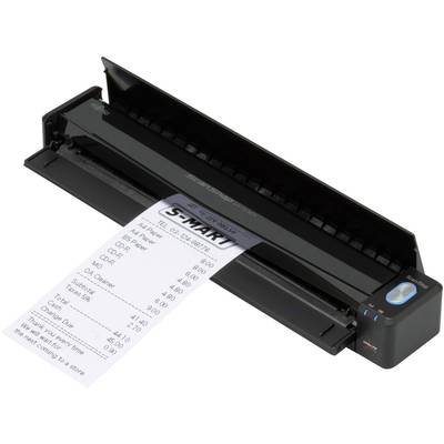 Kompakter mobiler Drucker druckt einen Kassenbeleg mit einer Liste von Artikeln und Preisen. Gerät hat ein schwarzes Gehäuse.