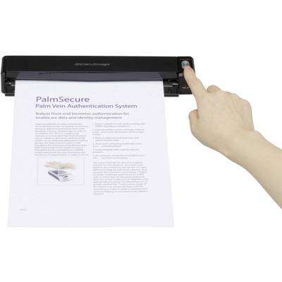 Eine Hand bedient einen Dokumentenscanner, der ein Blatt Papier mit dem Titel 'PalmSecure Palm Vein Authentication System' einzieht.