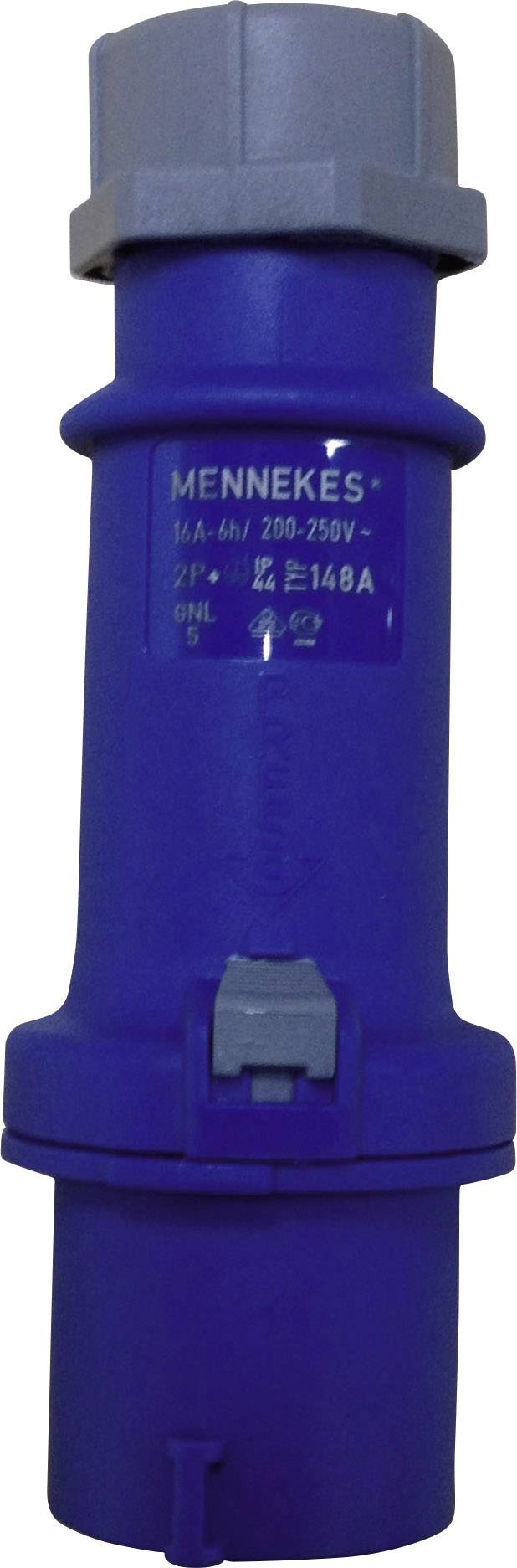 Blauer Mennekes-Stecker mit grauem Kopf, geeignet für 16A, 200-250V, mit Schutzklasse IP44, für industrielle Anwendungen.