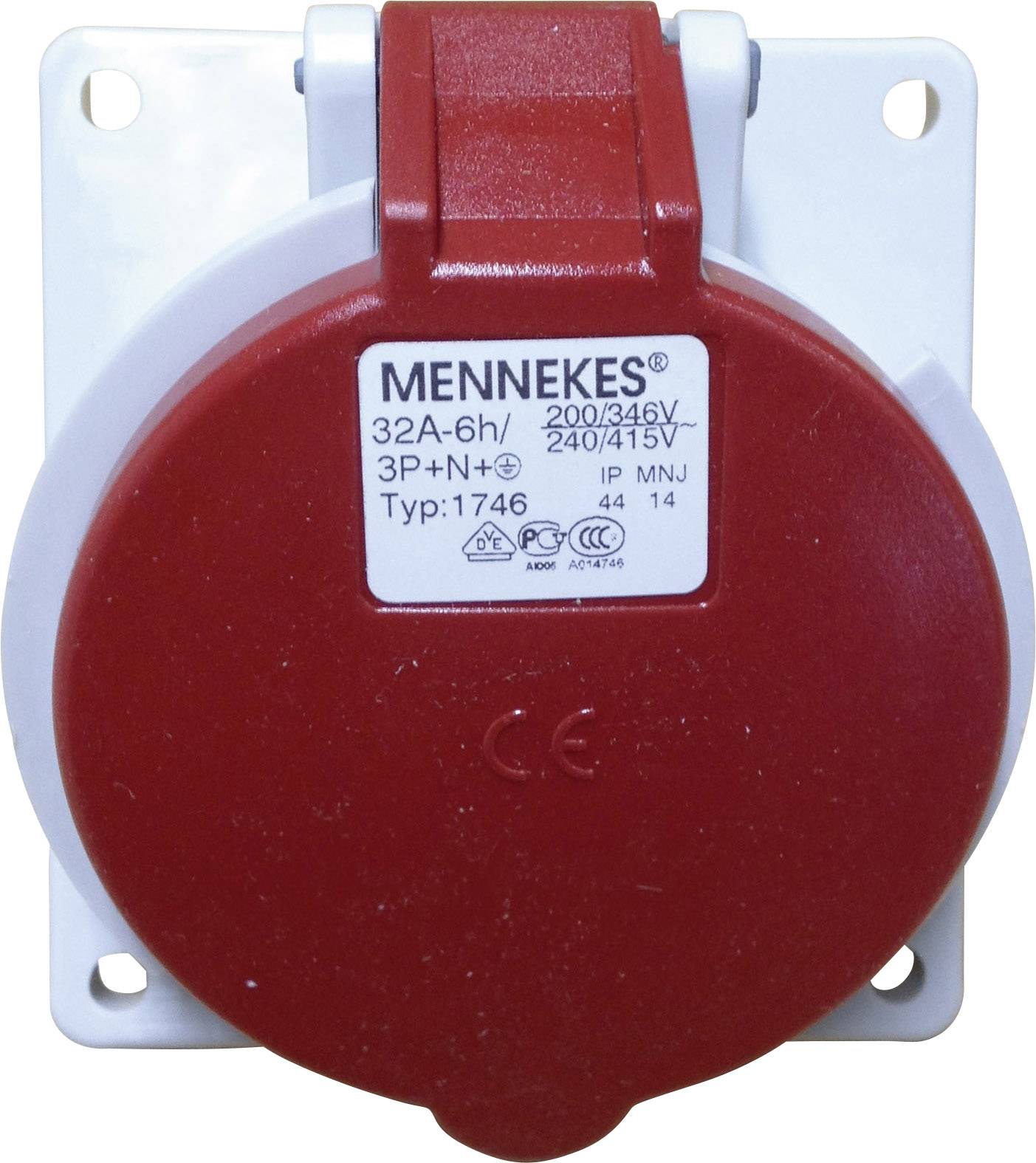 Rote, runde Industriesteckdose von MENNEKES, Modell 32A-6h, 3P+N+E, für Spannungsbereich 200/346V bis 240/415V, montiert auf weißer Platte.