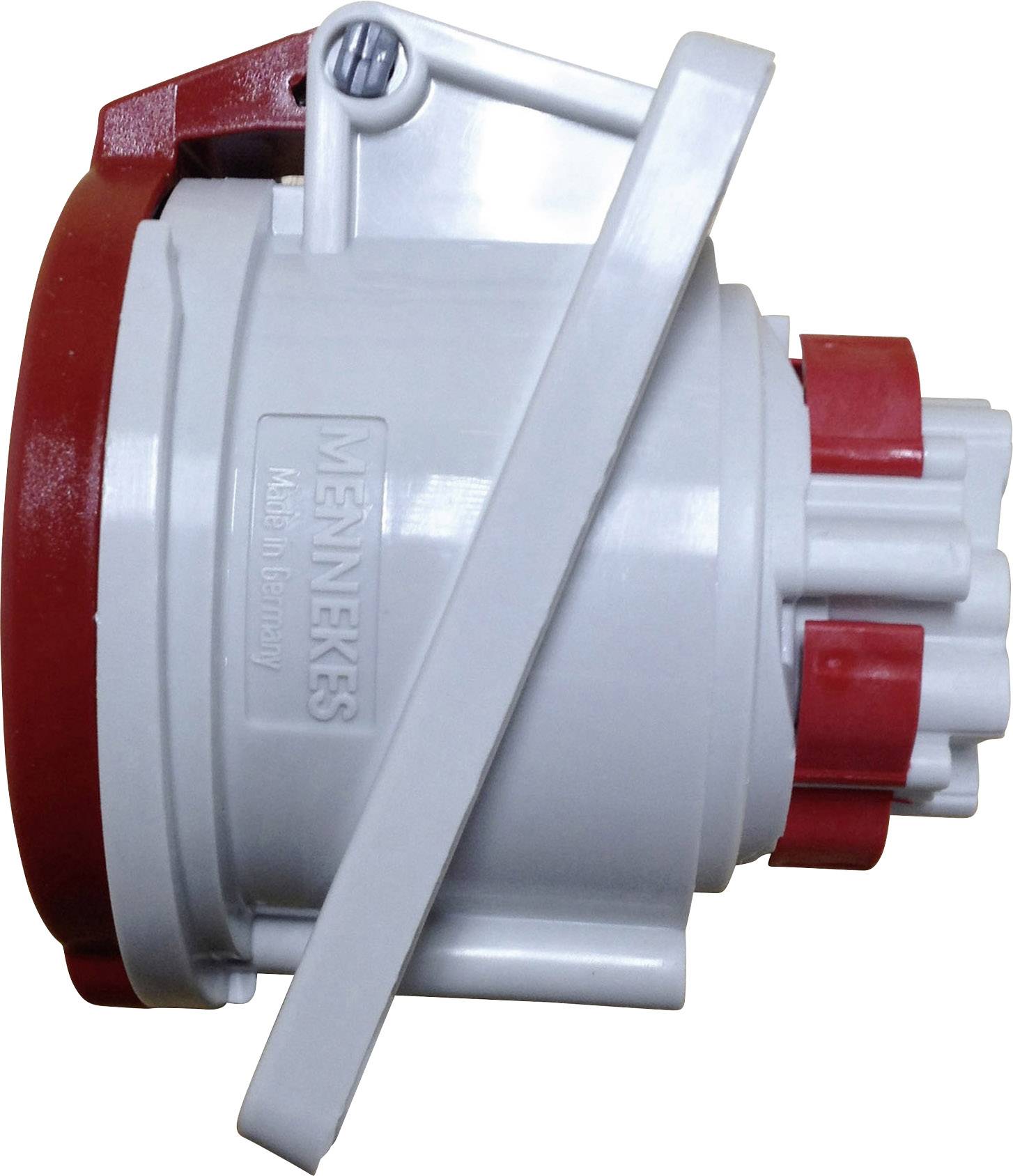 Elektrischer Industriestecker in Grau und Rot seitlich, mit Herstelleraufdruck 'MENNEKES Made in Germany', und einem stabilen Gehäuse.