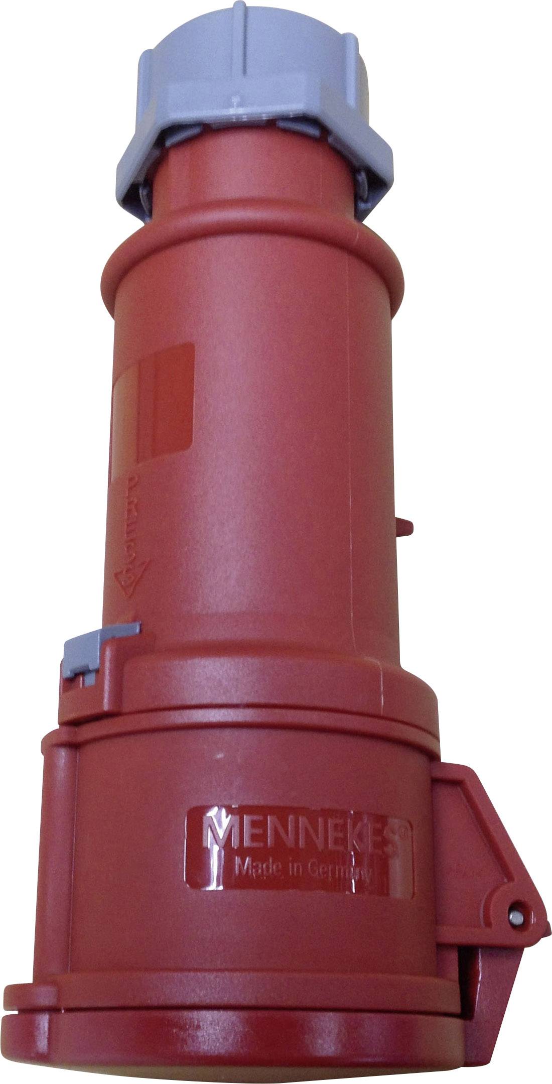 Roter, zylinderförmiger Industriestecker mit grauem Verschluss oben, von der Marke Mennekes, eignet sich für Hochleistungsanwendungen.