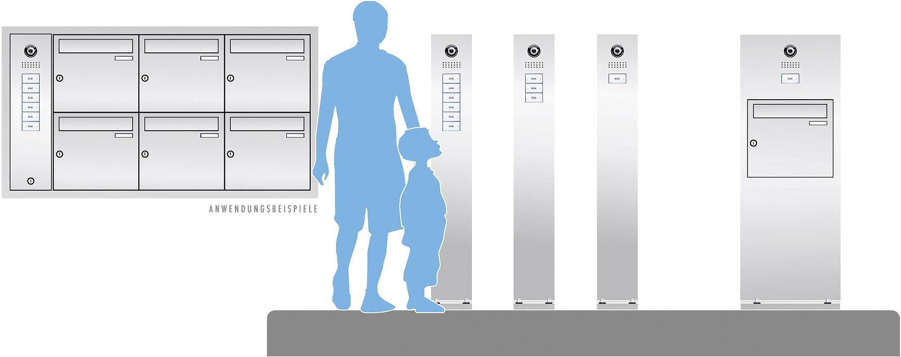 'Grafik zeigt Paketschrank-System mit verschiedenen Modulen, links Briefkasten, rechts Paketstationen. Silhouetten verdeutlichen Größe.'