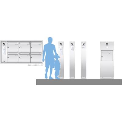 'Grafik zeigt Paketschrank-System mit verschiedenen Modulen, links Briefkasten, rechts Paketstationen. Silhouetten verdeutlichen Größe.'