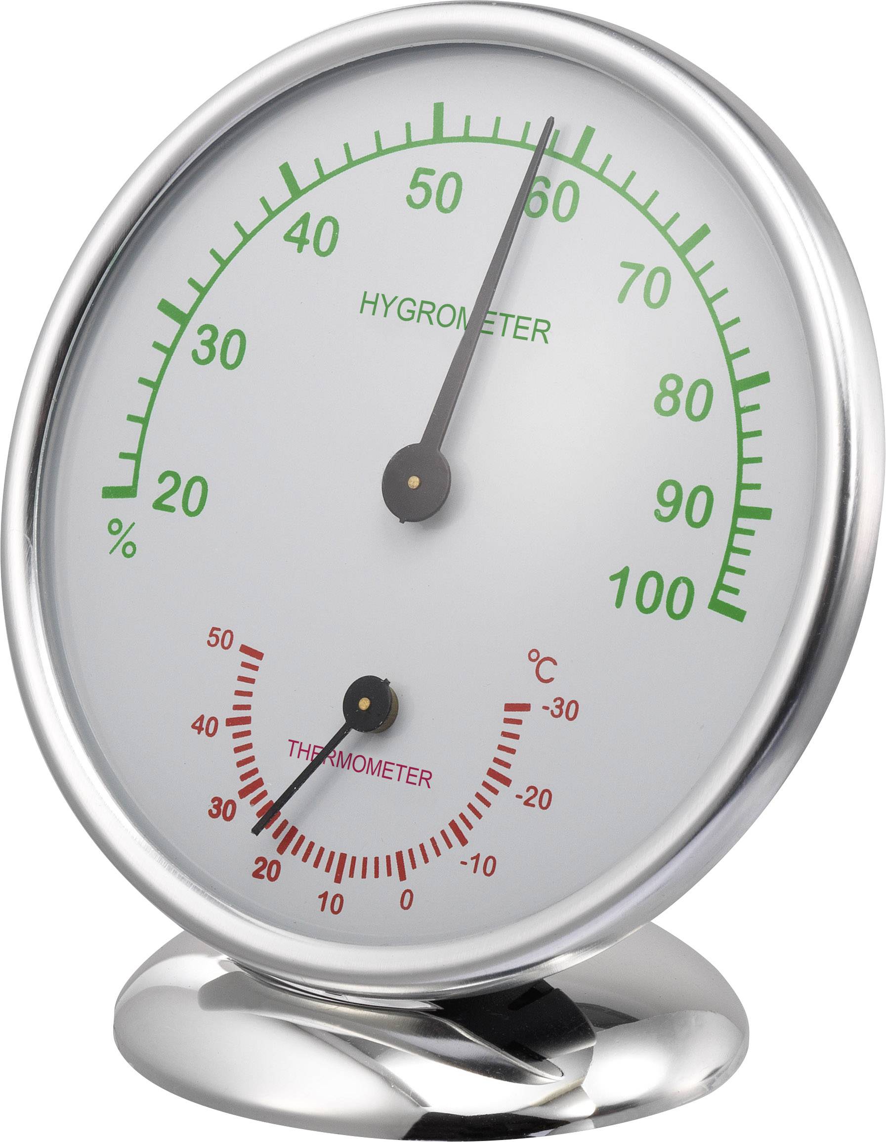 Ein runder Hygrometer-Thermometer kombiniert, zeigt 60% Luftfeuchtigkeit und 22°C Temperatur an, grüne und rote Skalen.