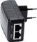 Schwarzes Netzteil mit Eurostecker und zwei Netzwerkkabelanschlüssen, beschriftet mit 'POE' und 'LAN'.