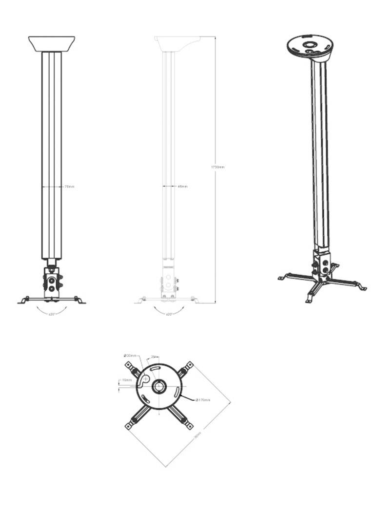 Zeichnung eines höhenverstellbaren Projektorhalters mit Maßangaben. Zeigt Frontal-, Seiten- und Draufsicht mit Befestigungselementen.