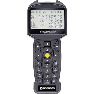 Eine Handsteuerung mit Bildschirm zeigt Datum, Uhrzeit und Himmelskoordinaten. Tasten zur Steuerung eines astronomischen Teleskops.