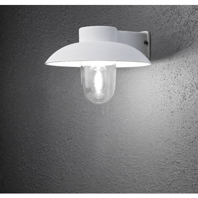 Weiße Außenwandleuchte an grauer Wand, leuchtet hell im Dunkeln.