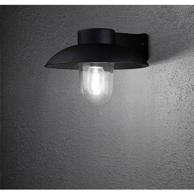 Eine schwarze Wandleuchte mit Glasabdeckung strahlt auf grauem Hintergrund.