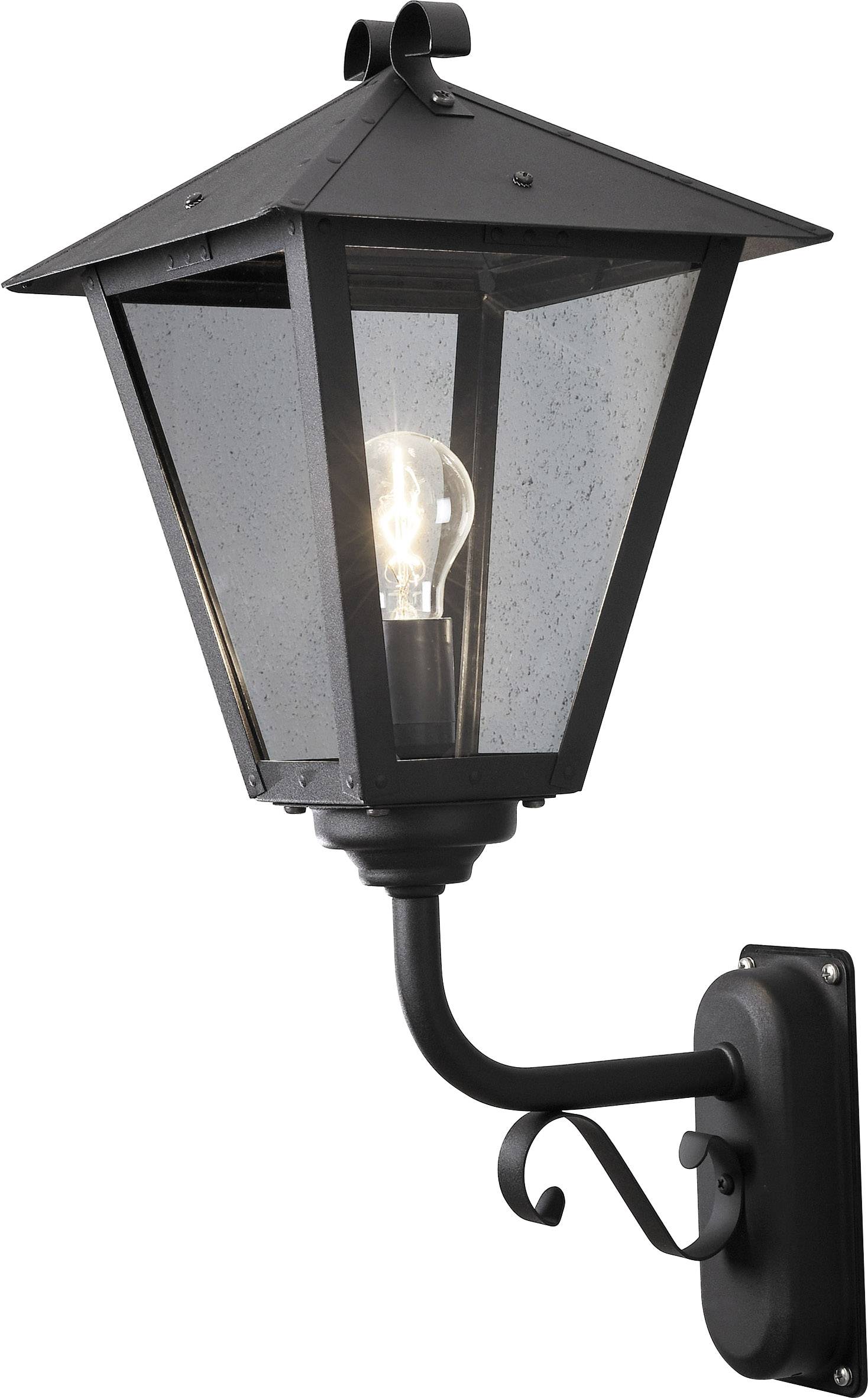 Wandlampe im klassischen Laternenstil montiert an einer Wand, schwarzes Metallgehäuse mit Glasscheiben, sichtbare Glühbirne.