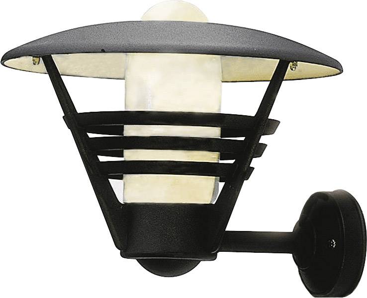 Schwarze Wandleuchte im modernen Design, geeignet für den Außenbereich. Sie hat einen Schutzschirm und diffuse Lichtabstrahlung.