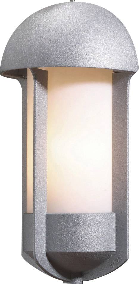 Silberne Außenlampe mit rundem, modernem Design. Die Lampe strahlt ein warmes Licht aus und ist für die Wandmontage geeignet.