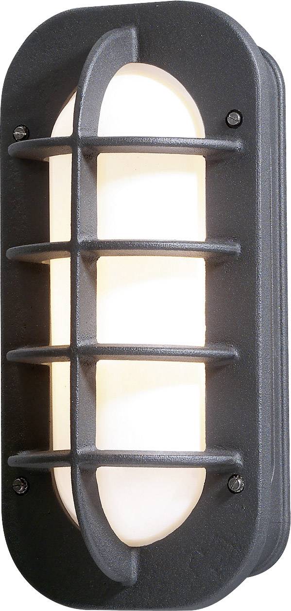 Außenwandleuchte mit ovalem Schutzgitter, aus schwarzem Metall, leuchtet hell. Ideal für dekorative oder sicherheitsrelevante Zwecke.