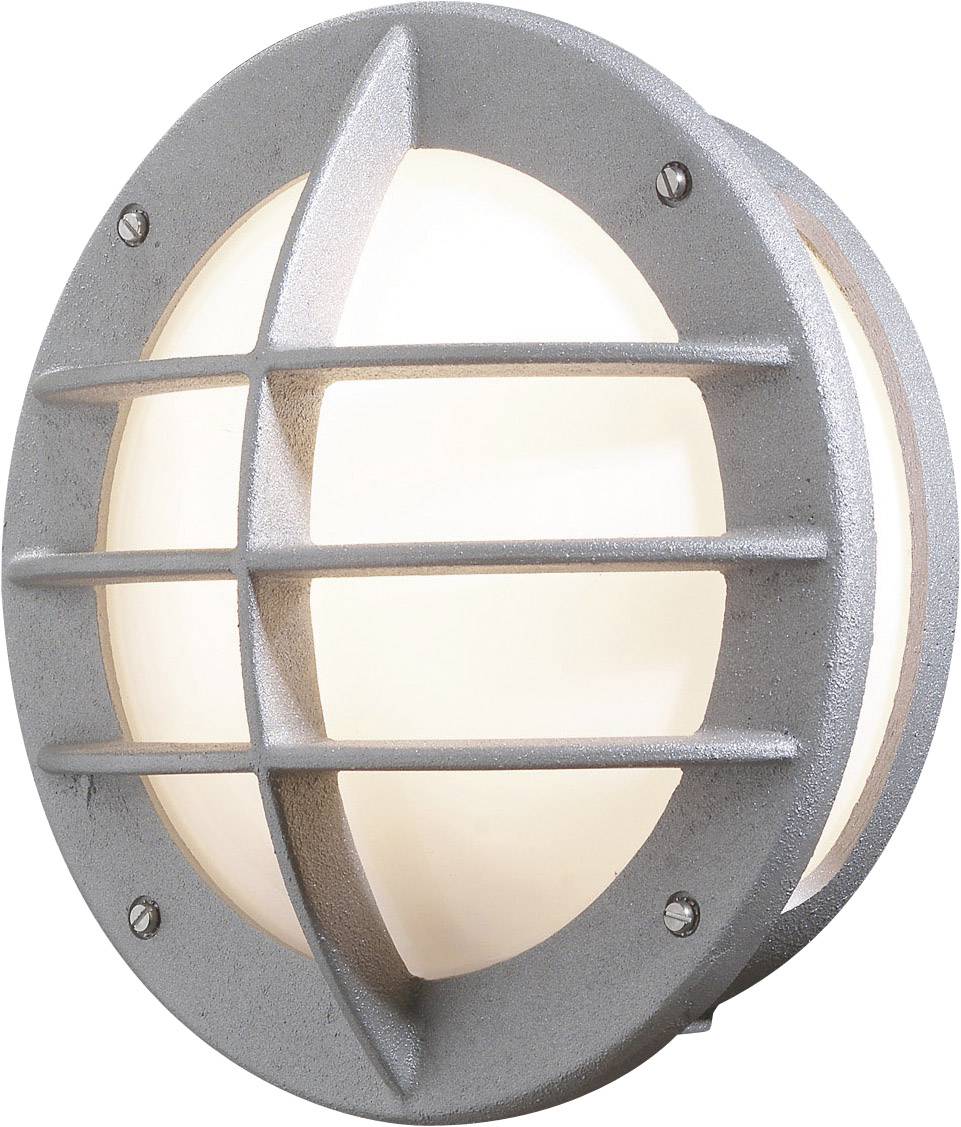 Runde, silberne Wandlampe mit Gitterdesign, leuchtendes weißes Licht. Ideal für Außenbereiche.