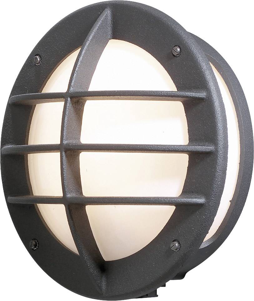 Runde Wandleuchte mit Metallgitter, die warmes, diffuses Licht abstrahlt. Ideal für Außenbereiche oder industrielle Dekorationen geeignet.