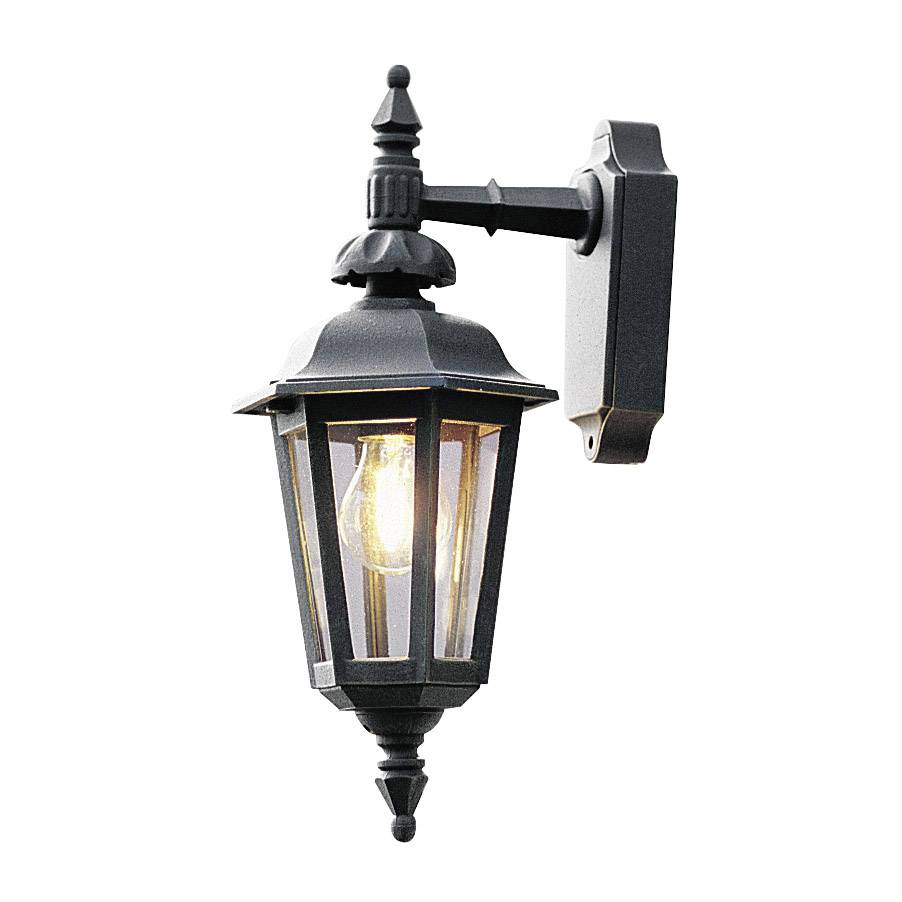 Schwarze Wandleuchte in antikem Laternenstil mit einer Glasabdeckung, beleuchtet durch eine sichtbare Glühbirne.