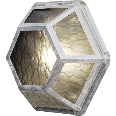 Sechseckige Wandleuchte mit metallischem Rahmen und strukturiertem Glas, durch die ein warmes Licht scheint.