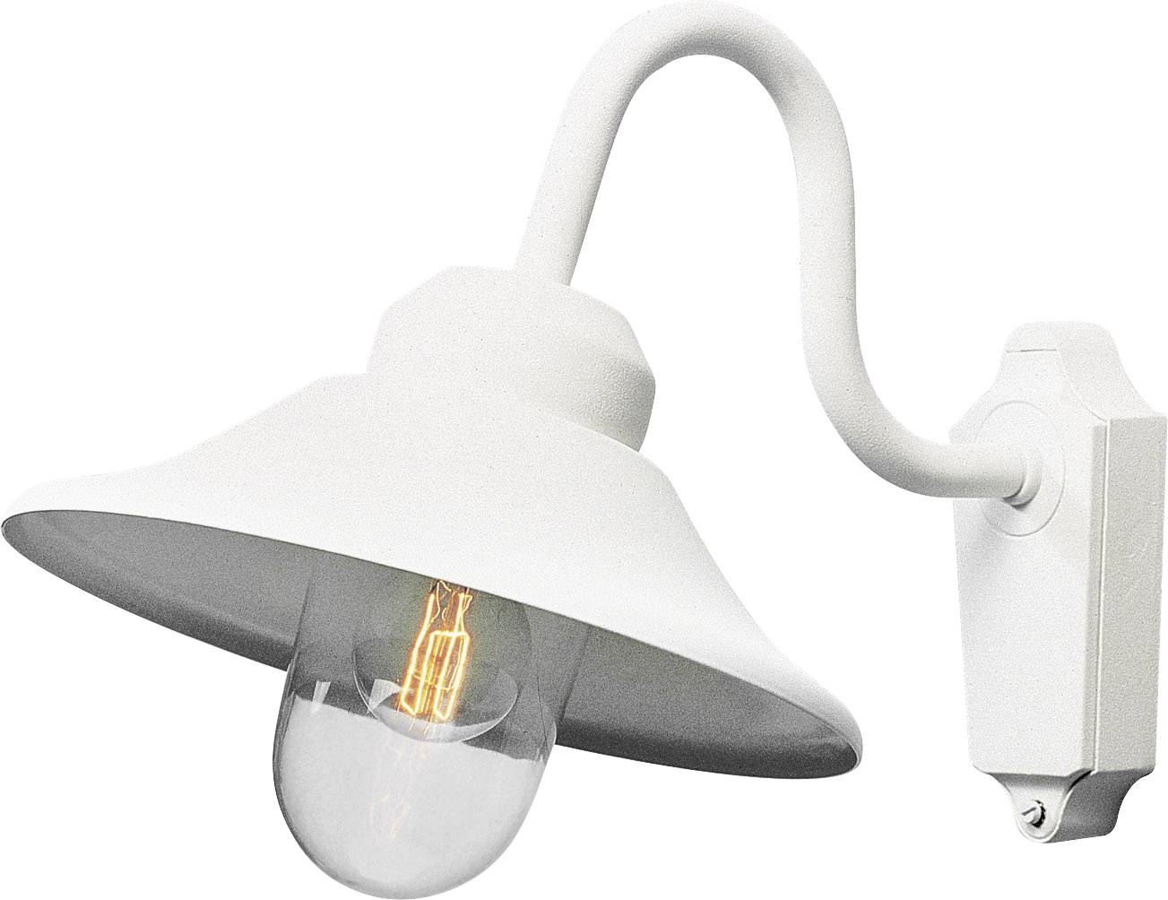 Weiße, wandmontierte Außenleuchte mit gebogenem Arm und transparentem Leuchtmittel.