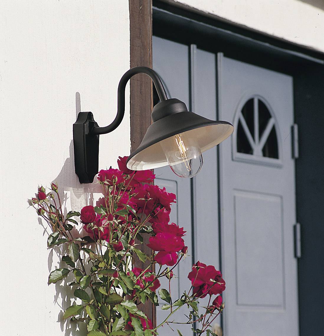 Eine schwarze Wandleuchte beleuchtet einen Hauseingang mit blauen Türen. Rote Rosenranken wachsen an der Wand hoch.