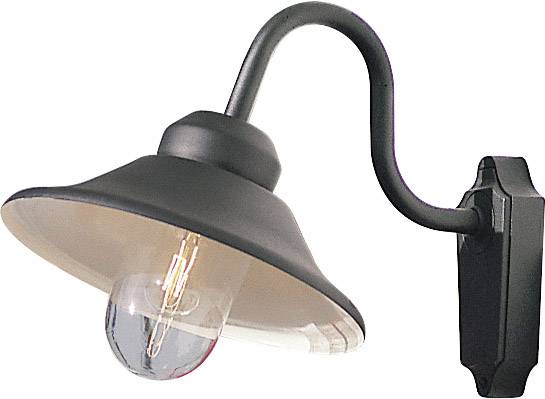 Eine schwarze Außenwandleuchte mit gebogenem Arm und sichtbarem Glühbirneninneren, die an der Wand montiert ist.