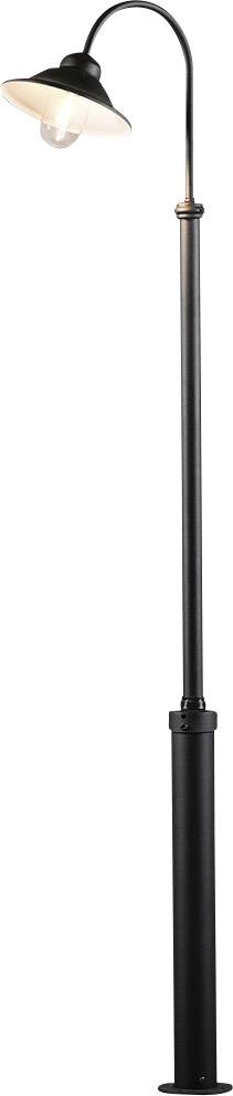 Eine schwarze Straßenlaterne mit gebogenem Schirm, die von oben nach unten leuchtet.