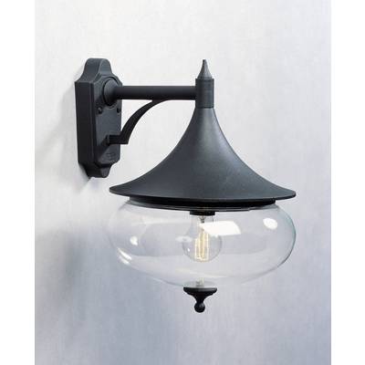 Eine schwarze, außen an der Wand montierte Lampe mit einem transparenten Glasgehäuse, zeigt eine sichtbare Glühbirne.