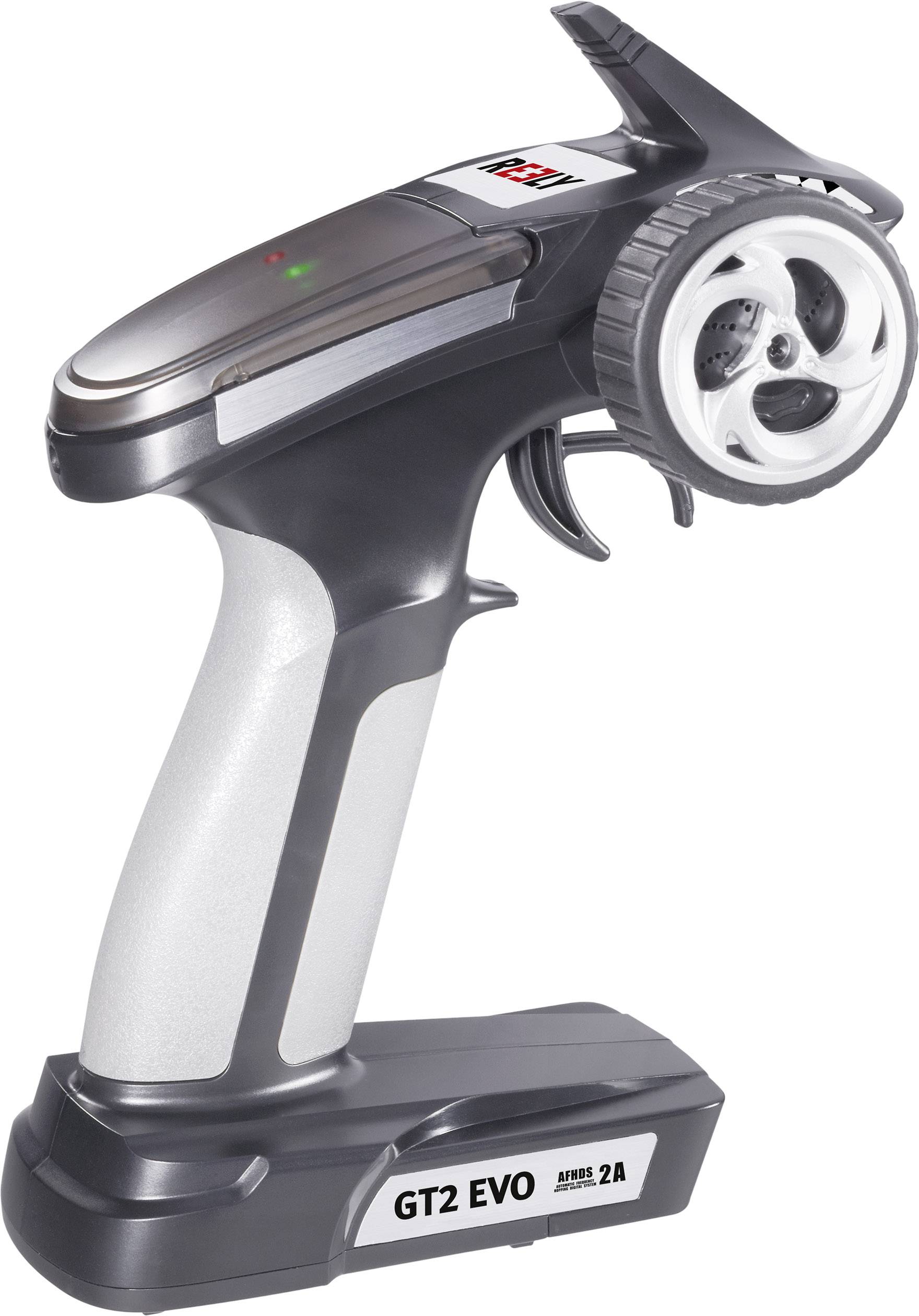 Eine Fernbedienung mit ergonomischem Griff und großem Steuerrad, gekennzeichnet mit 'GT2 EVO', für die Steuerung von Modellfahrzeugen.