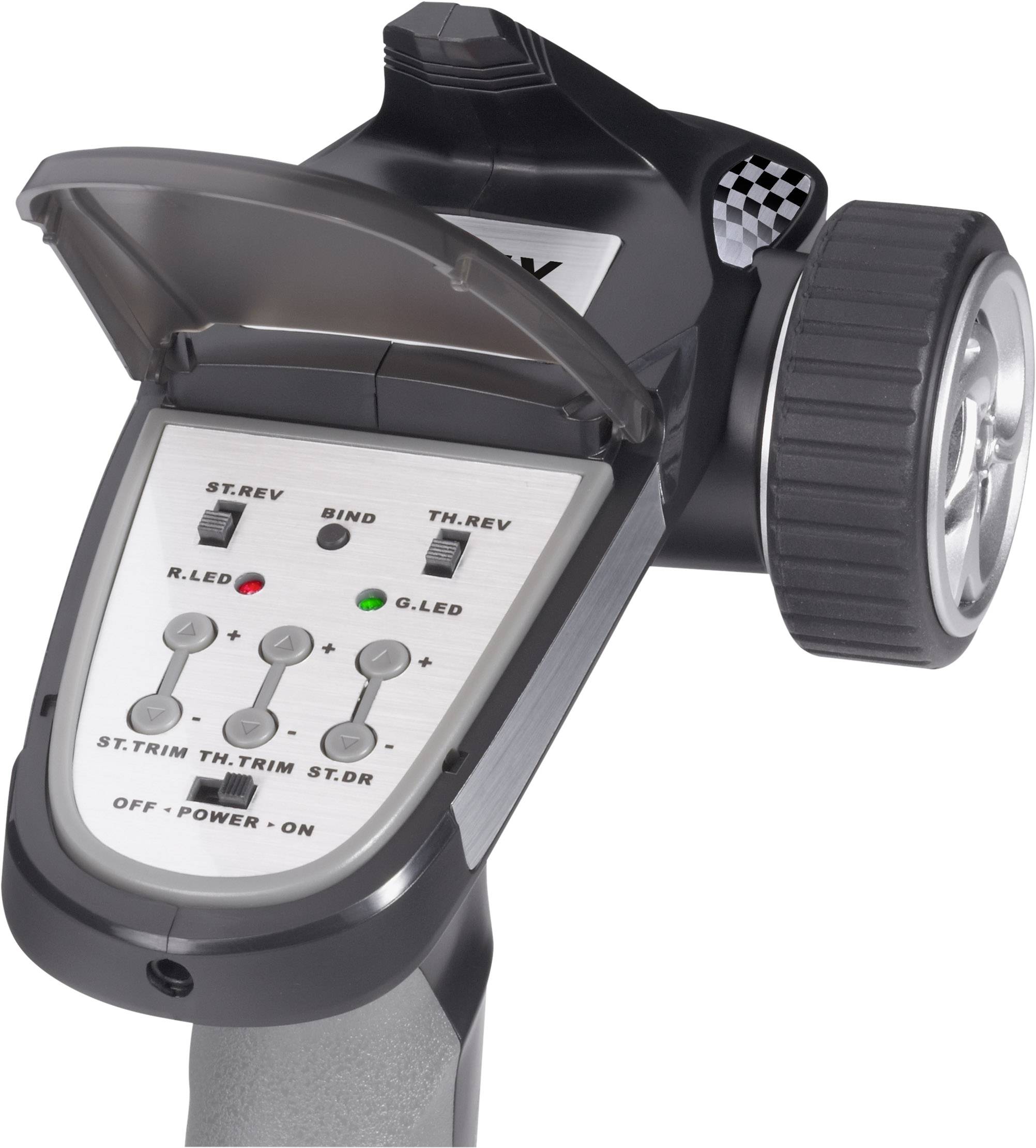 Handfernbedienung mit Einknopfsteuerung, LEDs, und Schaltern zur Fahrtrichtungs- und Geschwindigkeitsanpassung, geeignet für RC-Fahrzeuge.