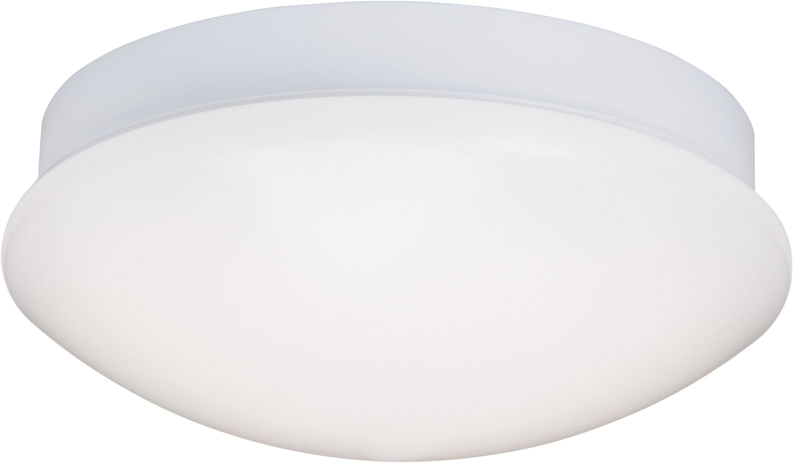 Rundförmige, flache Deckenlampe mit weißem Schirm. Schlichtes Design, geeignet für Innenräume.