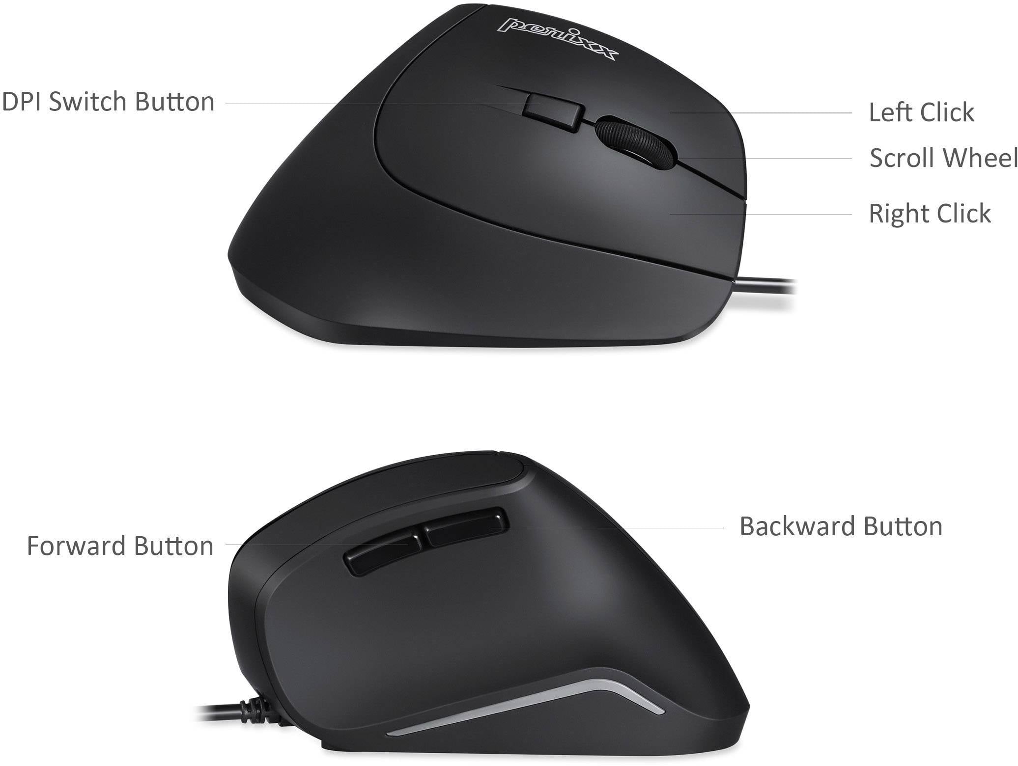 'Zwei Ansichten einer schwarzen vertikalen Computermaus mit Tastenbeschriftung: Links-, Rechtsklick, Scrollrad, DPI, Vorwärts- und Rückwärtstaste.'