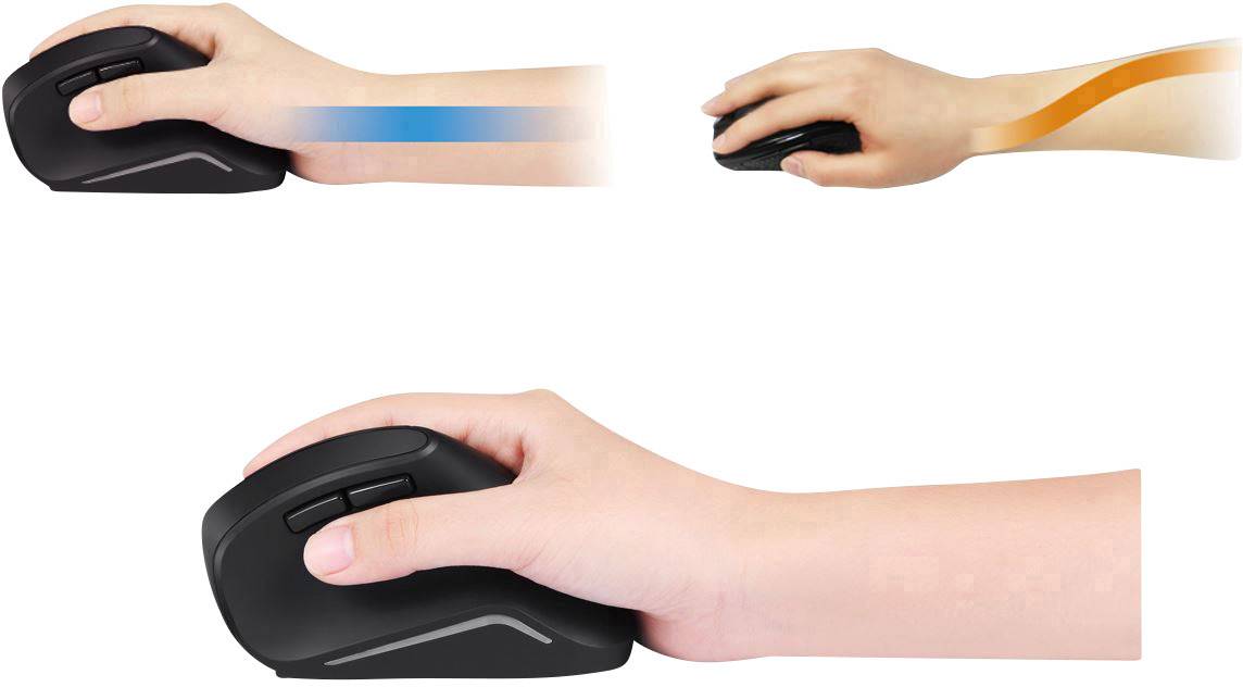 Eine Hand hält eine ergonomische Computermaus. Oben zwei Diagramme: links zeigt blauen Bewegungspfad, rechts orangen Pfad am Arm.