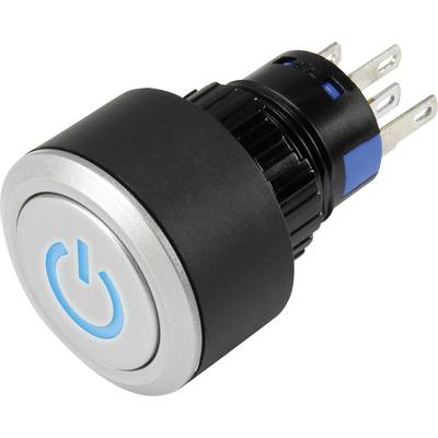 Runder Ein/Aus-Druckschalter mit blauem Symbol auf silbernem Hintergrund, elektrische Anschlüsse auf der Rückseite.