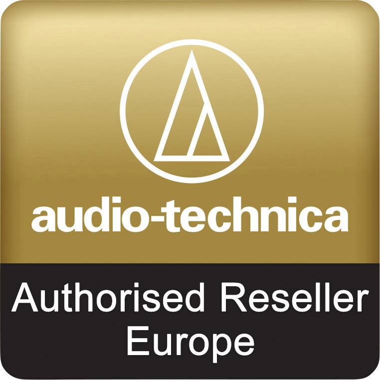 Logo der Marke Audio-Technica mit Text 'Authorised Reseller Europe' auf goldenem Hintergrund.
