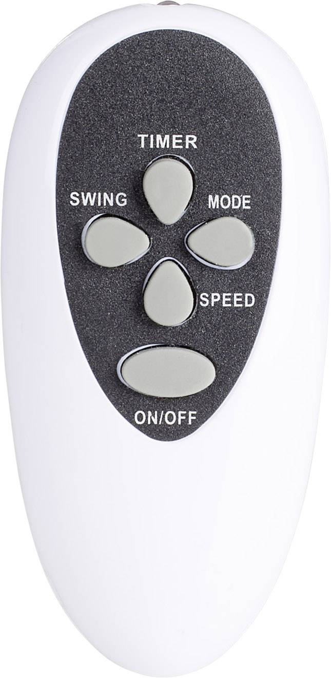 Weiße Fernbedienung mit fünf grauen Tasten: 'Timer', 'Swing', 'Mode', 'Speed' und 'On/Off'.