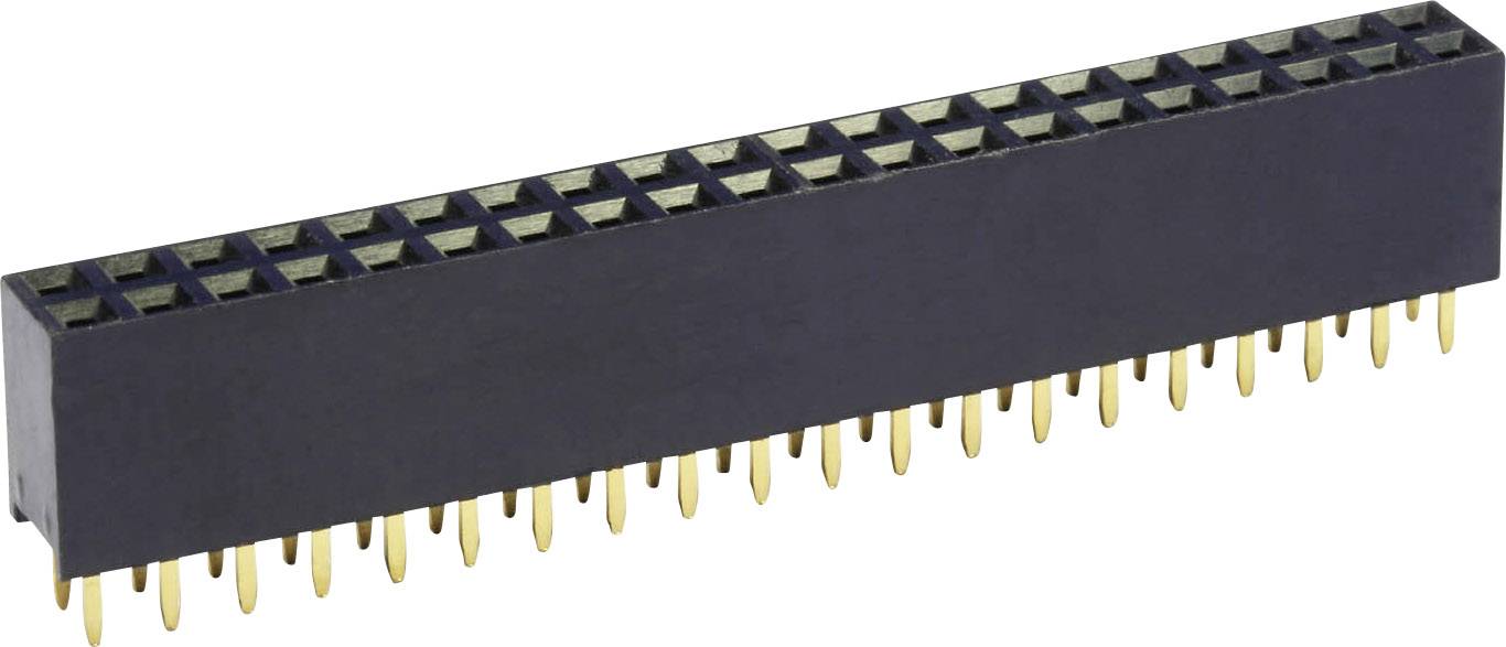 Rechteckiger elektronischer Steckverbinder mit mehreren goldfarbenen Stiften, geeignet zur Verbindung von Leiterplatten in technischen Geräten.