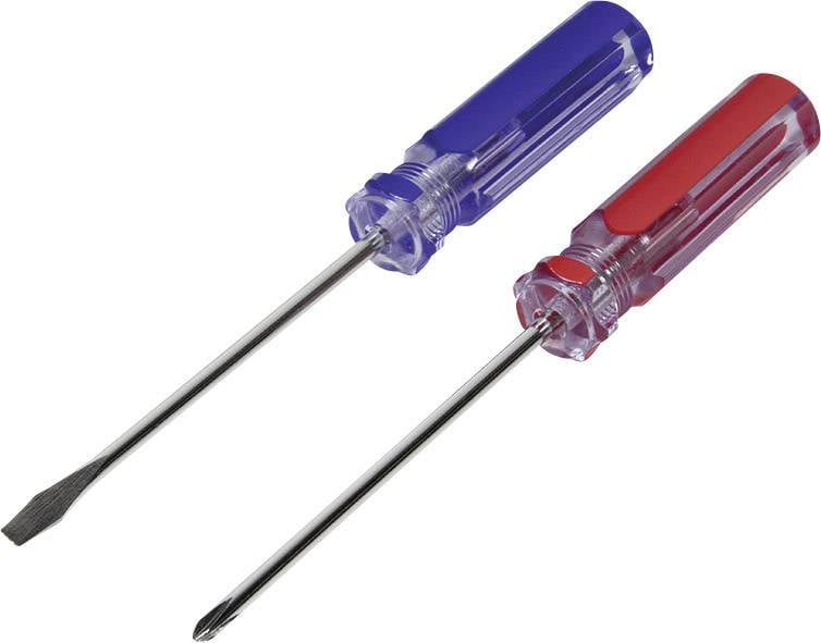 Zwei Schraubenzieher mit Kunststoffgriffen: links ein Schlitzschraubenzieher mit blauem Griff, rechts ein Kreuzschlitzschraubenzieher mit rotem Griff.