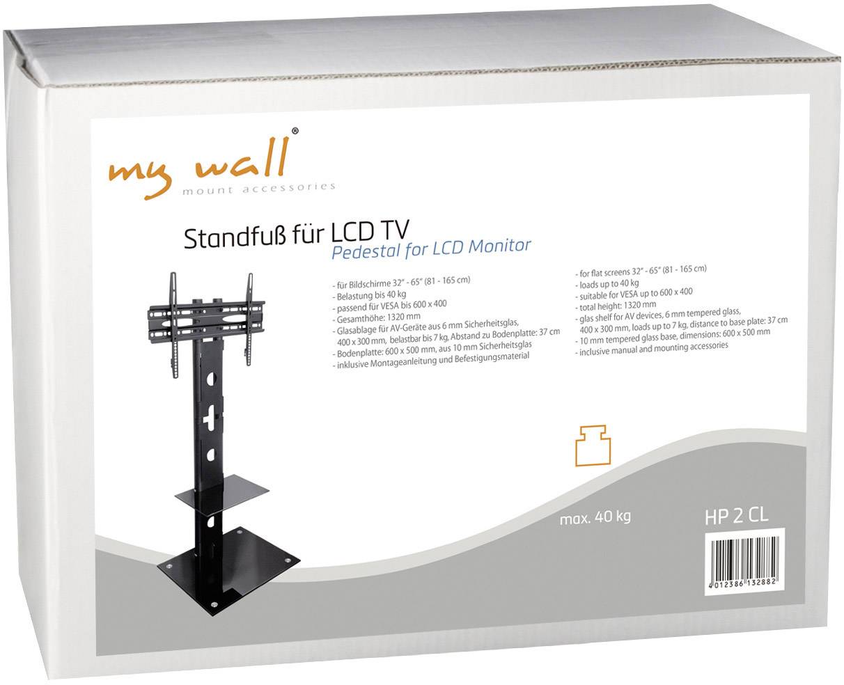Verkaufsverpackung eines TV-Standfußes für LCD-Bildschirme, zeigt Produktbild, Markennamen 'my wall', und Produktinformationen in Deutsch.